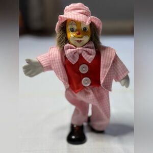 Vintage Clown Figurine W/ Pink Check With Ceramic Face, Hands and Shoes